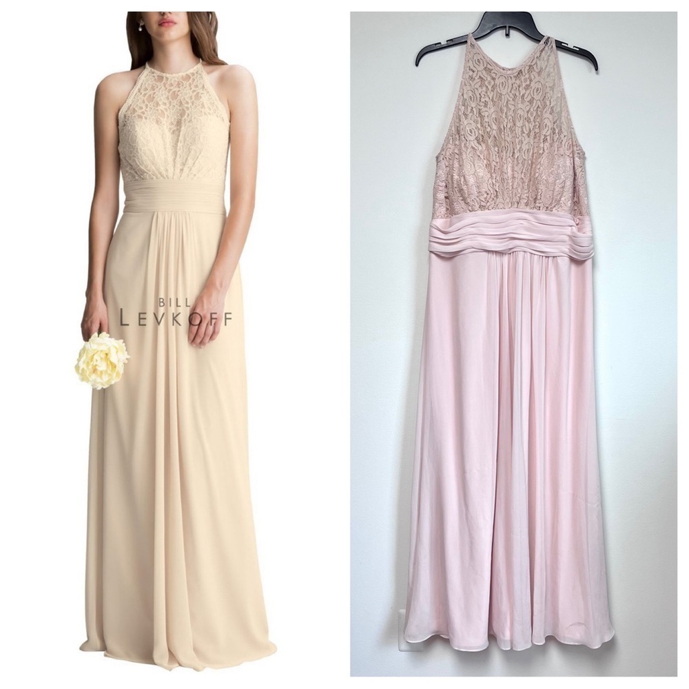 Levkoff Lace Illusion Neckline Chiffon Bridesmaids Formal Maxi Dress 1412